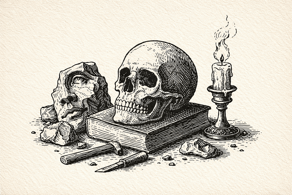 Illustration de type vanité représentant un visage minéral fragmenté dont le crâne demeure intact.