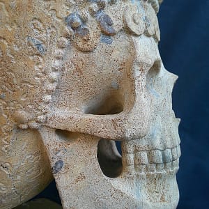 Sculpture “Phi”, crâne taillé dans une ammonite fossile biface de Normandie, montrant le détail de la structure naturelle du fossile.