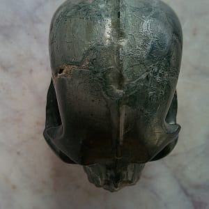 Vue de dessus d’un petit crâne sculpté dans une pierre magnétique d’origine météoritique, mettant en évidence la crête centrale taillée sur le sommet.