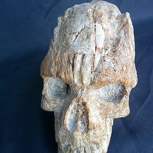 Vue rapprochée du crâne “Homo Quartzien” sculpté dans un quartz brut, avec texture naturelle préservée.