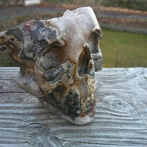 Crâne sculpté en agate naturelle, vue de profil gauche, sculpture minérale présentant une géode d’agate aux bandes concentriques visibles, textures translucides et zones brutes conservées, pièce artistique en pierre dure exposée en galerie, travail d’art sur agate massive, crâne décoratif en agate issu de la taille artisanale de minéraux.