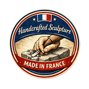 Handcrafted sculpture badge – hand carving a stone block, artwork made by hand in France