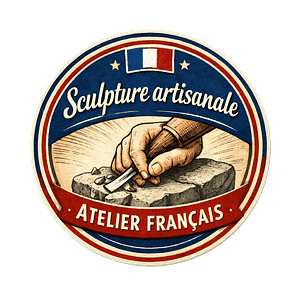 Badge sculpture artisanale – main sculptant un bloc de pierre, création réalisée à la main dans un atelier français