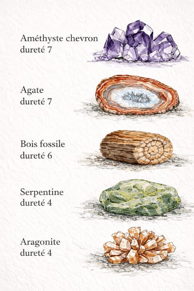 Illustrations de matières minérales sculptées à l’atelier Karving12, montrant l’améthyste chevron, l’agate, le bois fossile, l’aragonite et la serpentine, avec leurs duretés de référence.