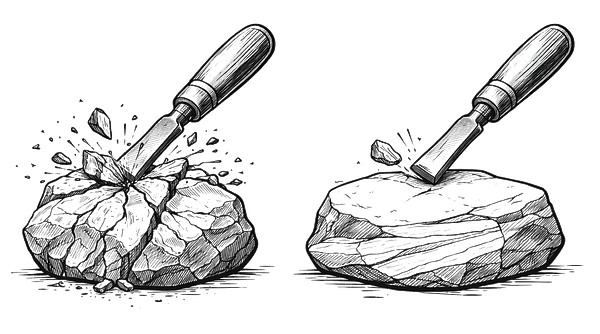 Illustration montrant un même outil de sculpture appliqué à deux minéraux différents, produisant des résultats opposés : fracture brutale d’un côté et éclat net de l’autre, illustrant que chaque minéral impose ses propres contraintes de sculpture.