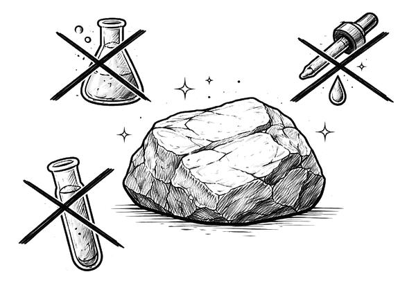 Illustration montrant un minéral travaillé dans son état naturel, avec des symboles de produits chimiques barrés, indiquant l’absence de traitement ou de stabilisation chimique avant et après la sculpture.