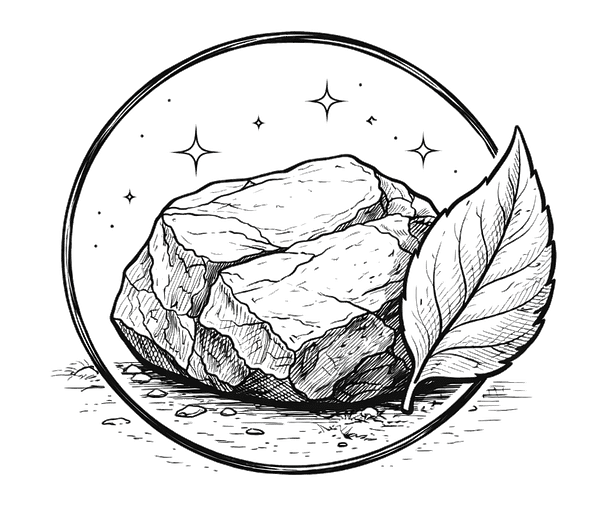 Illustration représentant un bloc minéral associé à un élément végétal, symbolisant le respect des milieux naturels dans le choix des minéraux et fossiles travaillés à l’atelier.