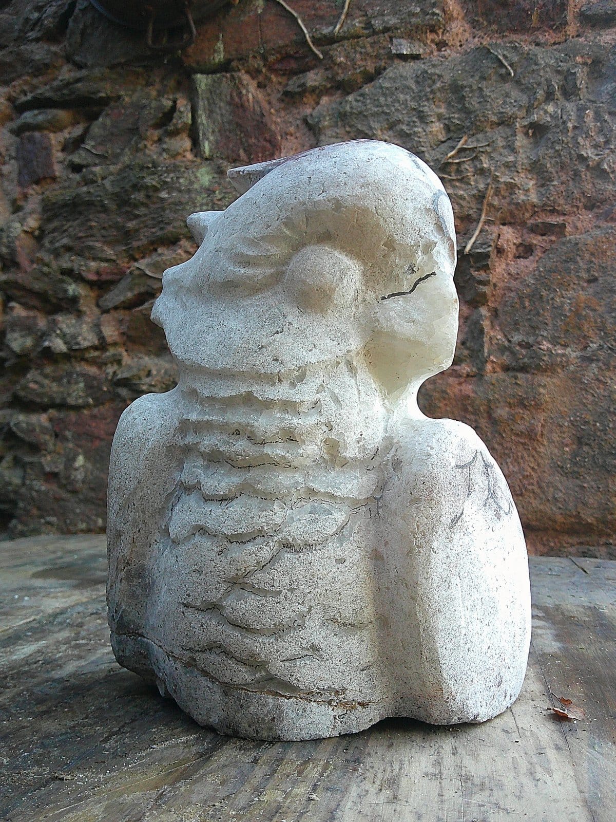 Détail du plumage de “Coco”, sculpture en agate du Maroc révélant des taches rouges et la finesse du travail artisanal. Détail du plumage de “Coco”, sculpture en agate du Maroc révélant des taches rouges et la finesse du travail artisanal.