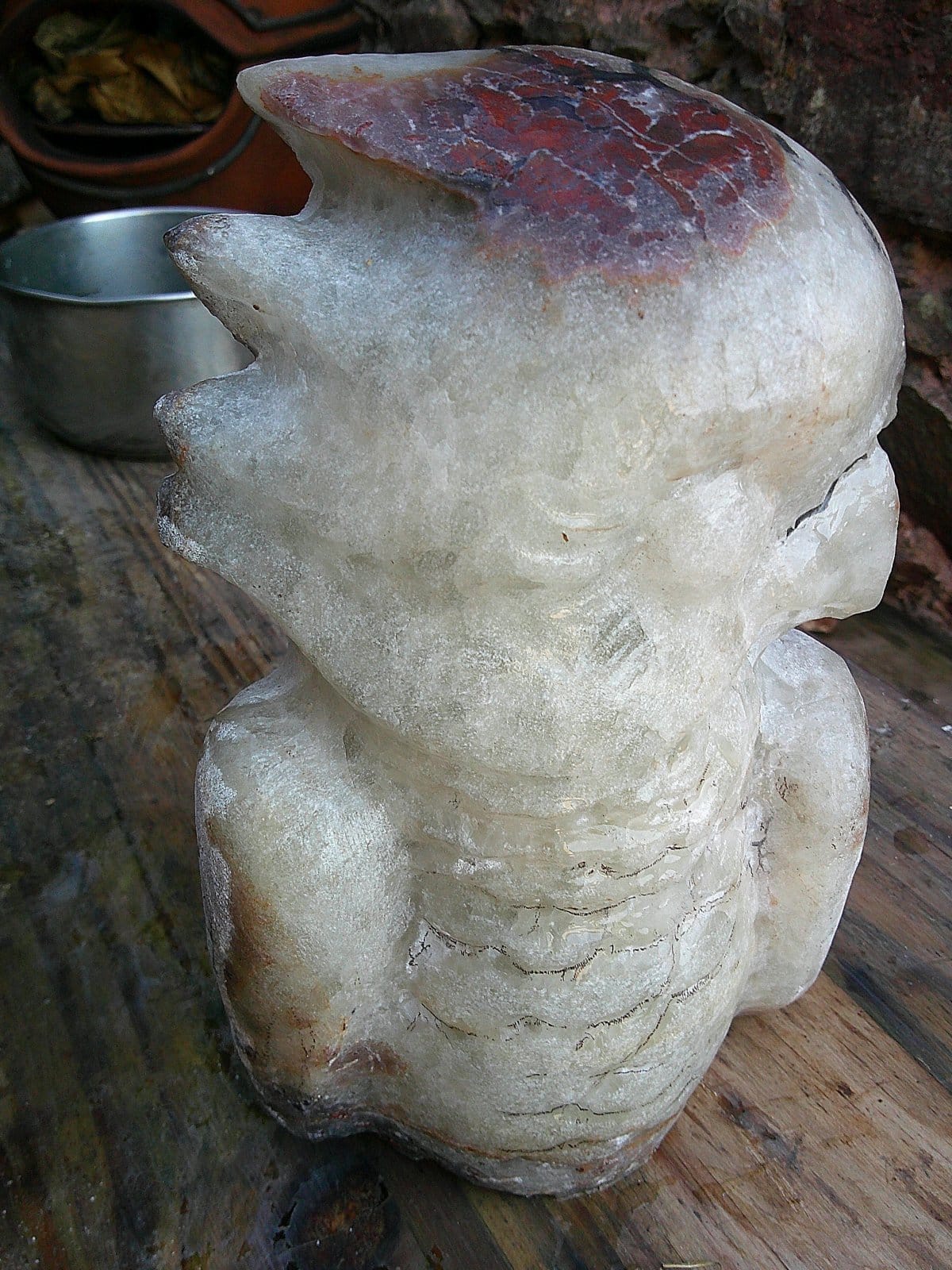 Vue rapprochée du perroquet “Coco”, sculpture en agate blanche présentant des marques rouges sur la crête. Vue rapprochée du perroquet “Coco”, sculpture en agate blanche présentant des marques rouges sur la crête.